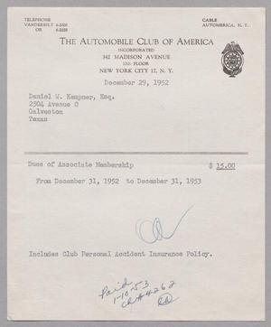 [Invoice for Dues of Associate Membership, December 1952]