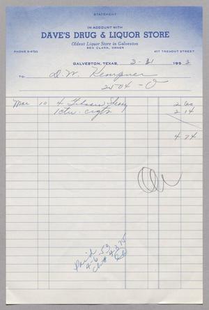 [Invoice for Dave's Drug & Liquor Store, March 31, 1953]
