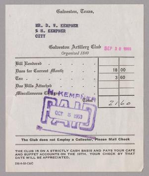 [Monthly Bill for Galveston Artillery Club: September 1953]