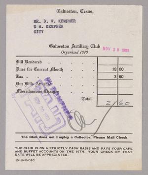 [Monthly Bill for Galveston Artillery Club: November 1953]
