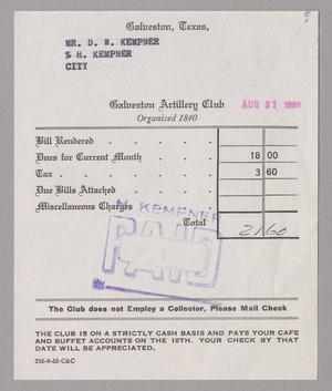 [Monthly Bill for Galveston Artillery Club: August 31, 1953]