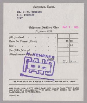 [Monthly Bill for Galveston Artillery Club: March 1953]