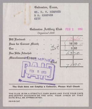 [Monthly Bill for Galveston Artillery Club: February 1953]