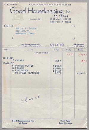 [Invoice for Items Purchased by Mrs. D. W. Kempner, December 1952]