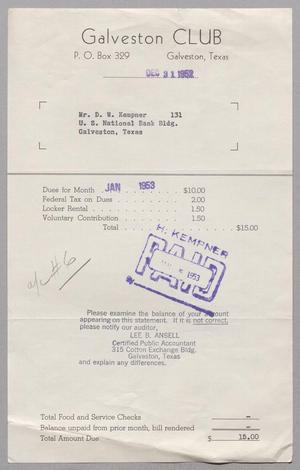 [Invoice for Galveston Club, December 31, 1952]
