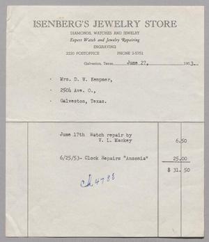 [Invoice for Services by Isenberg's Jewelry Store, June 1953]