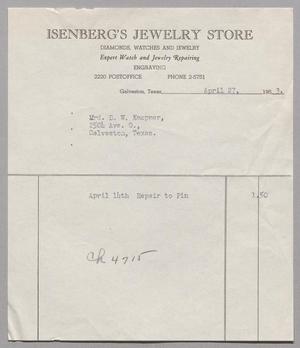 [Invoice for Repairing a Pin, April 27, 1953]