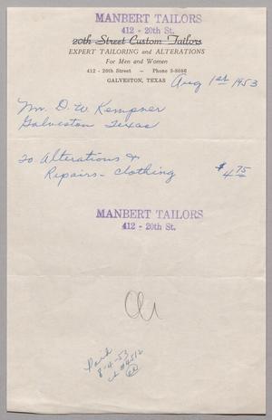 [Invoice for Clothing Alteration and Repairs, August 1953]