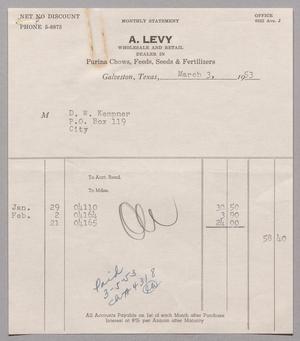 [Invoice for Balance Due to A. Levy, March 1953]