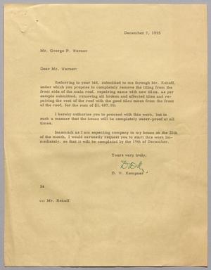 [Letter from D. W. Kempner to George P. Werner, December 7, 1955]