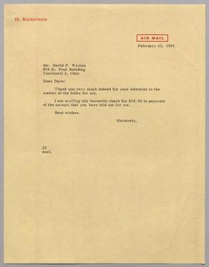 [Letter from D. W. Kempner to David F. Weston, February 21, 1956]