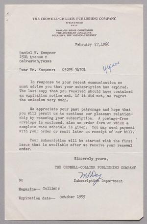 Primary view of object titled '[Letter from The Crowell-Collier Publishing Company to Daniel W. Kempner, February 27, 1956]'.