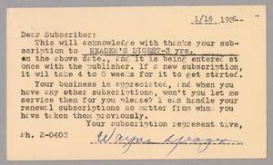 [Letter from Wayne Yeager to D. W. Kempner, January 16, 1956]
