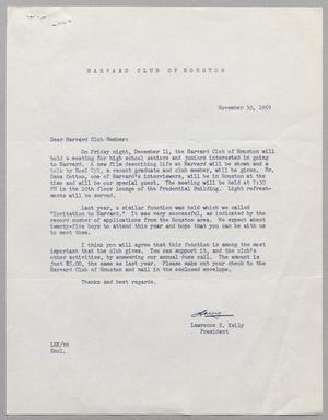 [Letter from Lawrence E. Kelly to Harvard Club members, November 30, 1959]