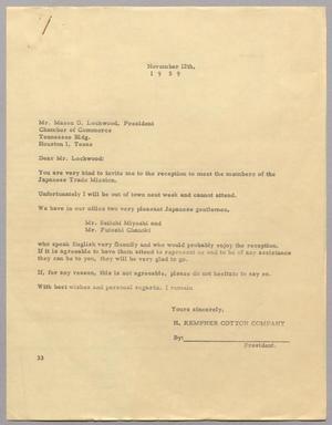 [Letter from Harris Leon Kempner to Mason G. Lockwood, November 12th, 1959]