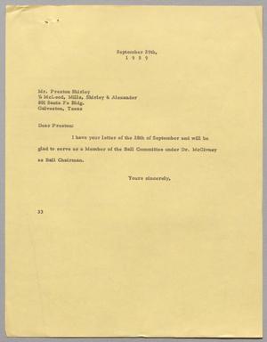 Primary view of object titled '[Letter from Harris L. Kempner to Preston Shirley, September 29, 1959]'.