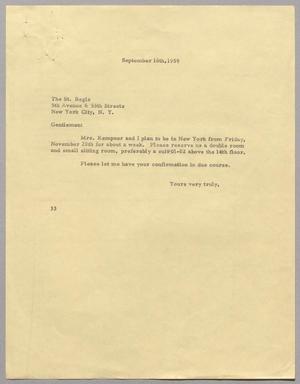 [Letter from Harris L. Kempner to the Hotel St. Regis, September 16, 1959]