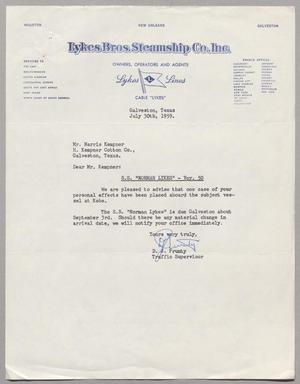 [Letter from D. J. Prunty to Harris Leon Kempner, July 30th, 1959]