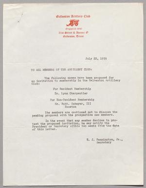 [Letter from the Galveston Artillery Club, July 22, 1959]