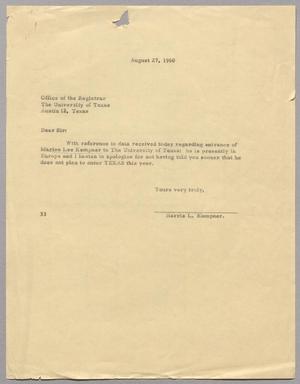 [Letter from Harris Leon Kempner to The University of Texas, August 27, 1960]