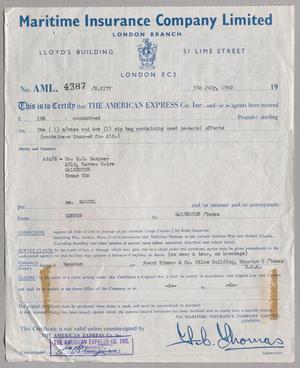 [Insurance Certificate for Maritime Insurance Company Limited, July 5, 1960]