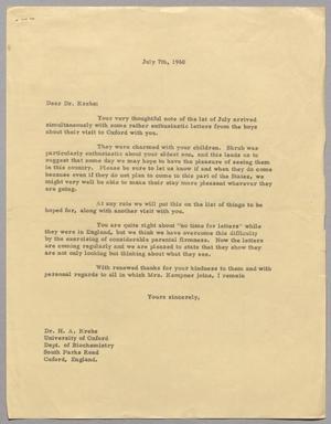 [Letter from Harris Leon Kempner to H. A. Krebs, July 7th, 1960]