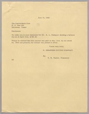 [Letter from T. E. Taylor to The Quarterdeck Club, June 14, 1960]