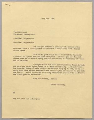 [Letter from Harris Leon Kempner to The Hill School, May 10, 1960]