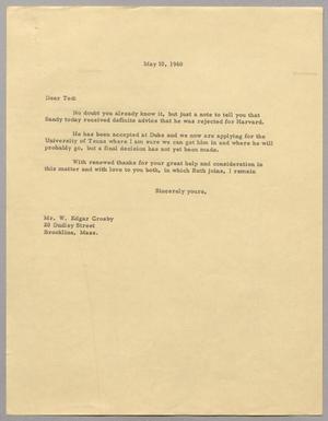 Primary view of object titled '[Letter from Harris Leon Kempner to W. Edgar Crosby, May 10, 1960]'.