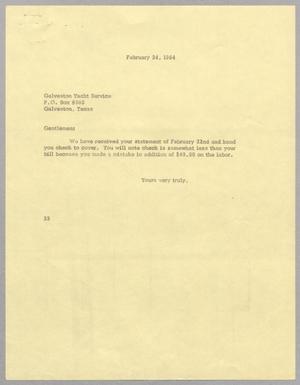 [Letter from Harris L. Kempner to the Galveston Yacht Service, February 24, 1964]
