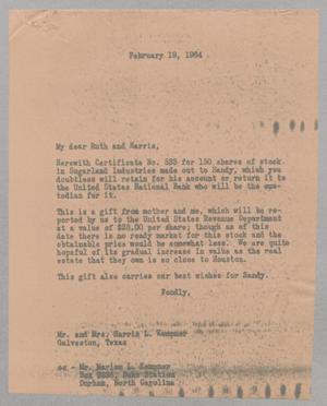 [Letter from Isaac H. Kempner to Mr. and Mrs. Harris L. Kempner, February 19, 1964, Copy]