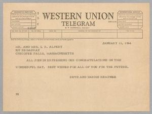 [Telegram from Ruth and Harris Kempner to Mr. and Mrs. I. R. Alpert, January 11, 1964]