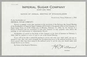 [Imperial Sugar Company Letter to Stockholders, February 1, 1964]
