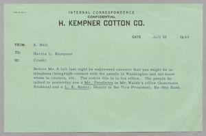 [Message from S. Hall to Harris L. Kempner, July 30, 1964]
