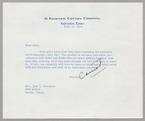 Primary view of object titled '[Letter from Harris L. Kempner to Betty Stoneham, April 30, 1964]'.
