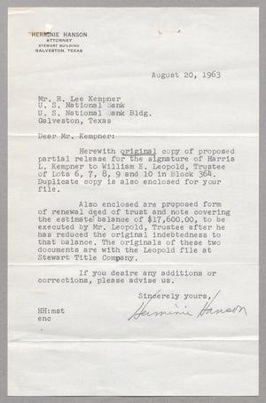 [Letter from Herminie Hanson to R. Lee. Kempner, August 20, 1963]