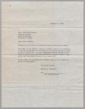 [Letter from Harris L. Kempner to Herminie Hanson, August 21, 1963]