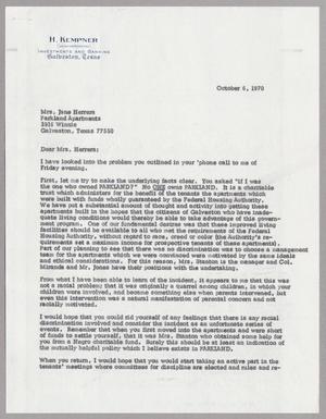 [Letter from Harris Leon Kempner to Jane Herrera, October 6, 1970]