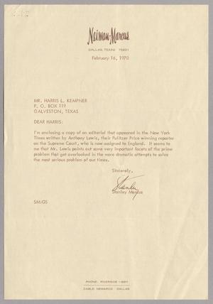 [Letter from Stanley Marcus to Harris Leon Kempner, February 16, 1970]