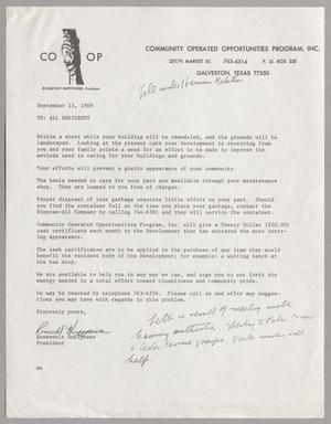[Letter from the Community Operated Opportunities Program, Inc. to all Residents, September 15, 1969]