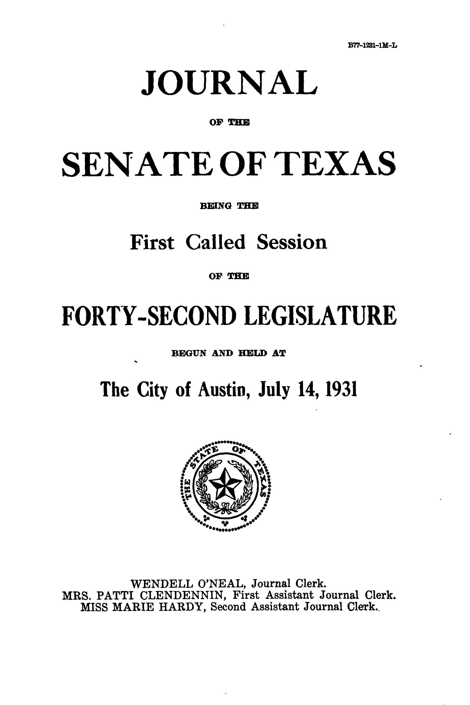 Journal of the Senate of Texas being the First Called Session of the Forty-Second Legislature
                                                
                                                    Title Page
                                                