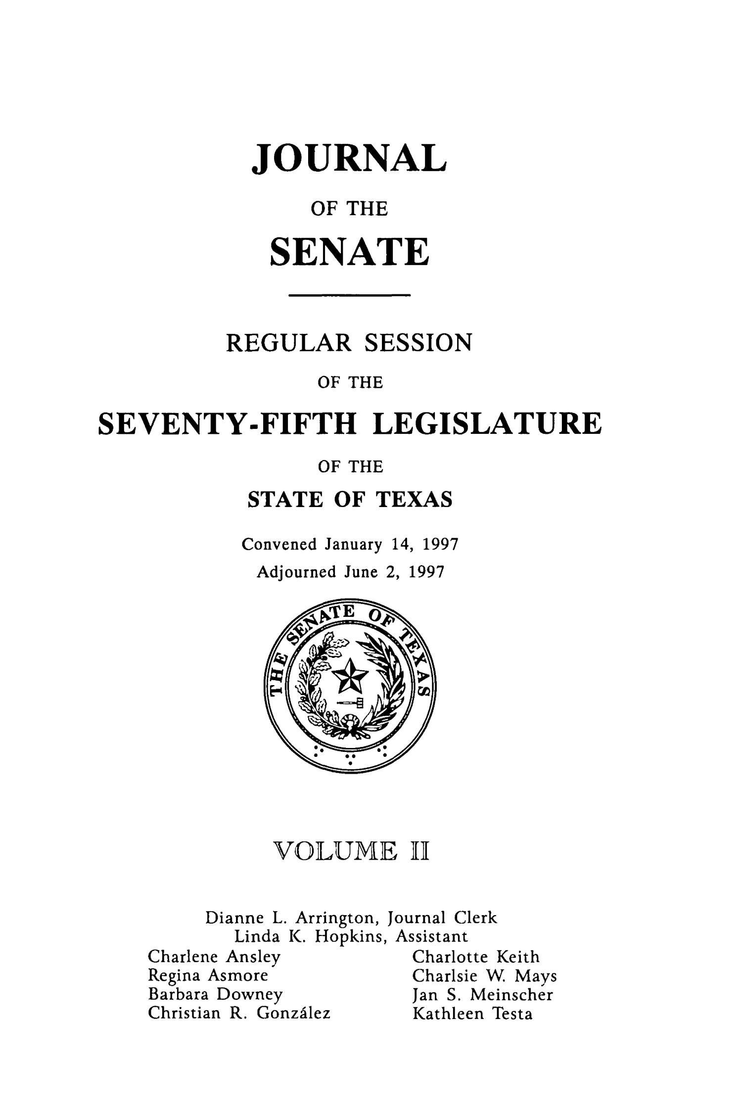 Journal of the Senate, Regular Session of the Seventy-Fifth Legislature of the State of Texas, Volume 2
                                                
                                                    Title Page
                                                