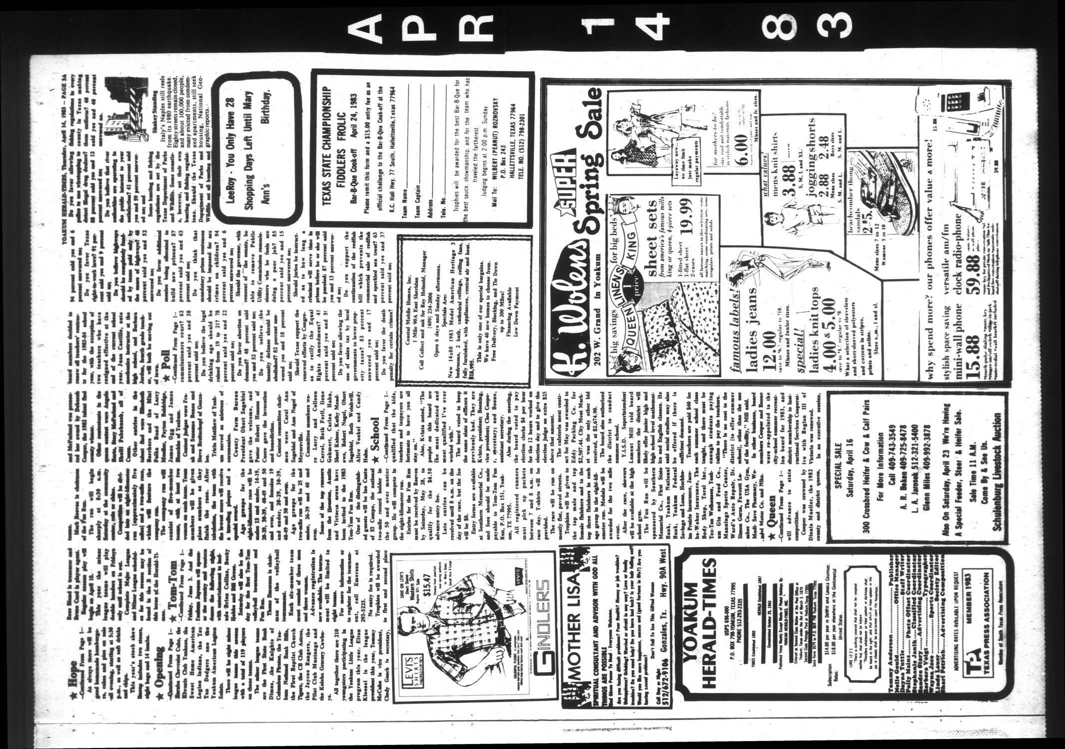 Yoakum Herald-Times (Yoakum, Tex.), Vol. 91, No. 30, Ed. 1 Thursday, April 14, 1983
                                                
                                                    [Sequence #]: 3 of 20
                                                