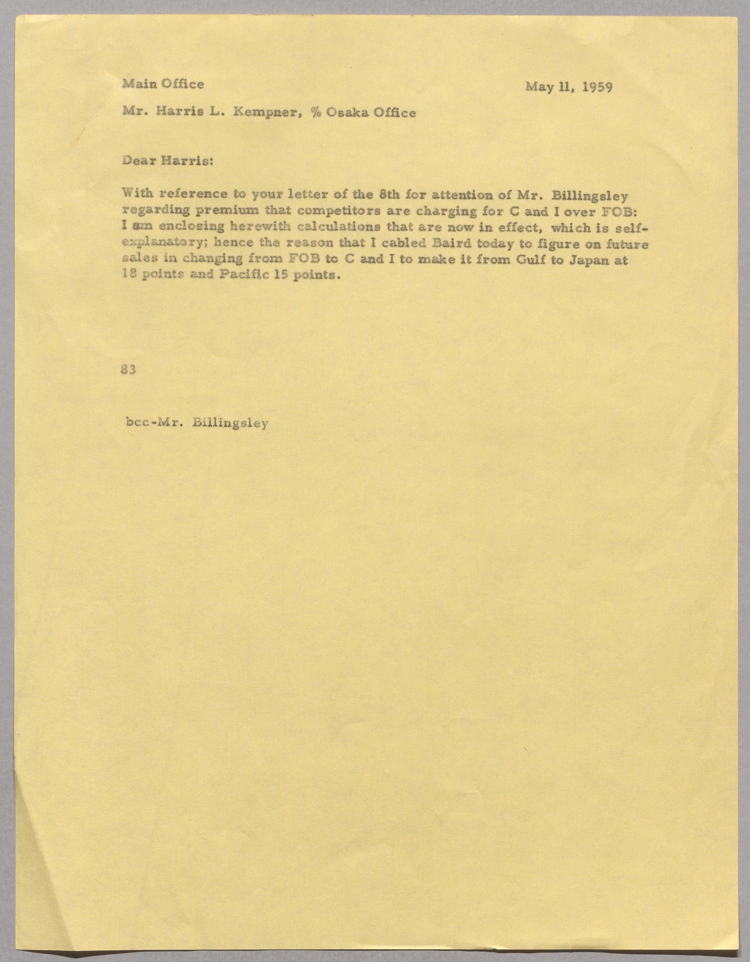 [Letter from Fred H. Rayner to Harris Leon Kempner, May 11, 1959]
                                                
                                                    [Sequence #]: 1 of 2
                                                
