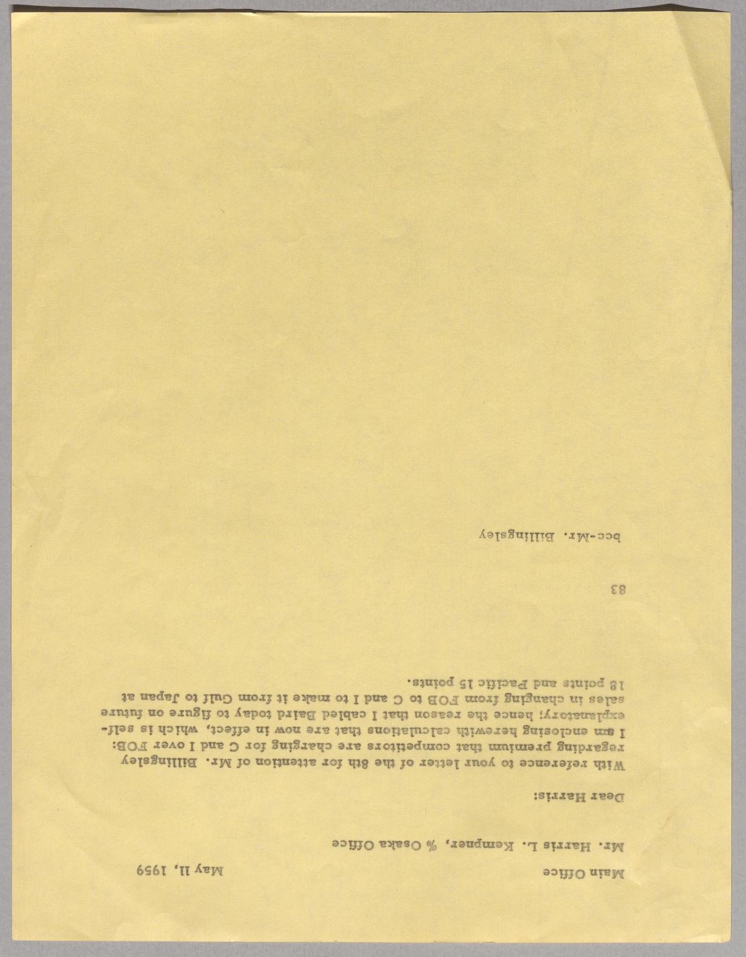 [Letter from Fred H. Rayner to Harris Leon Kempner, May 11, 1959]
                                                
                                                    [Sequence #]: 1 of 2
                                                
