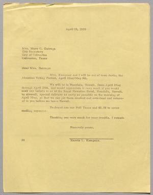 [Letter from Harris L. Kempner to Mary G. Quiroga, April 13, 1959]