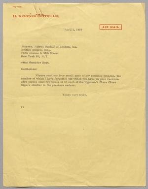 [Letter from Harris L. Kempner to Alfred Dunhill of London, Inc., April 1, 1959]