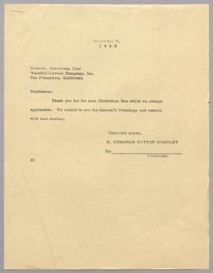 [Letter from Harris L. Kempner to Interocean Line Westfall-Larsen Company, December 21, 1960]