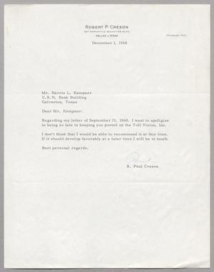 Primary view of object titled '[Letter from R. Paul Creson to Harris L. Kempner, December 1, 1960]'.