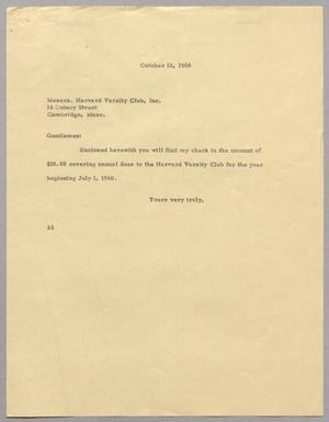 [Letter from Harris L. Kempner to the Harvard Varsity Club, October 18, 1960]